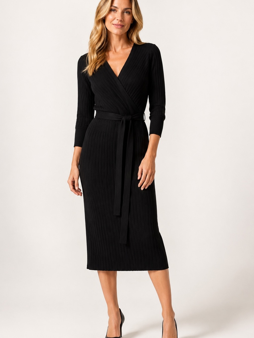 Classic Black Ribbed Wrap Midi Dress with Tie Waist